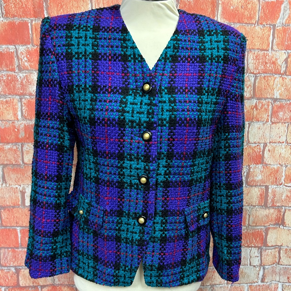 Koret Vintage Bold Bright Wool Blend Plaid Blazer